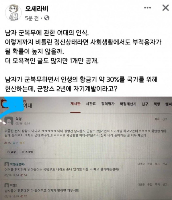 남자 군복무에 대한 여대의 인식